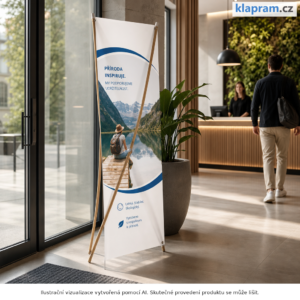 Bambusový X-banner s tiskem – ekologický stojan na banner – Lifestyle – AI vizualizace