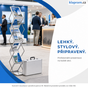 Hliníkový stojan na letáky Z A4 s kufrem – Lifestyle – AI vizualizace