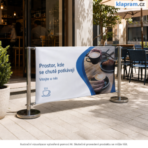 Kavárenská zábrana s potiskem – chrom – Lifestyle – AI vizualizace