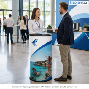 Kulatý promo stolek EXCLUSIVE s potiskem – Lifestyle – AI vizualizace