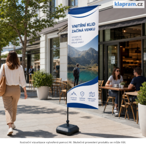 Levná reklamní vlajka Economy 2,5 m se základnou – Lifestyle – AI vizualizace