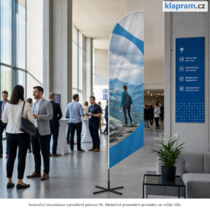 Muší křídla (beach flag) typ A2 s potiskem – Lifestyle – AI vizualizace