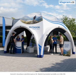 Nafukovací reklamní stan 6 × 6 m s potiskem – Lifestyle – AI vizualizace