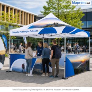 Nůžkový stan 3 × 4,5 m s potiskem – Lifestyle – AI vizualizace