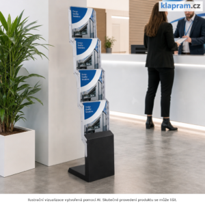 Ocelový konzolový stojan na letáky A4 s taškou – Lifestyle – AI vizualizace