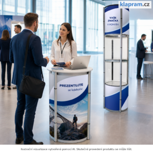 Otočný reklamní pult a věž Twisting s potiskem – Lifestyle – AI vizualizace