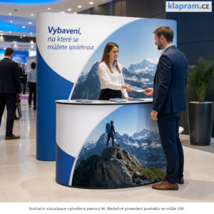 Potisk pro prezentační stolek ke stěně POP UP – Lifestyle – AI vizualizace