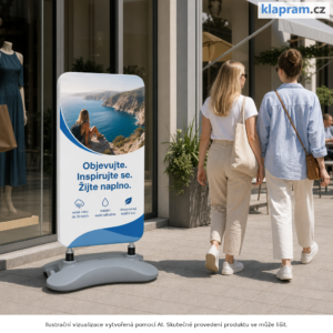Pružinový textilní stojan s vodní základnou A1 a A0 – Lifestyle – AI vizualizace