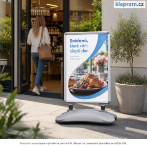 Pružinový venkovní stojan na plakát s vodní základnou – A2, A1, A0 – Lifestyle – AI vizualizace
