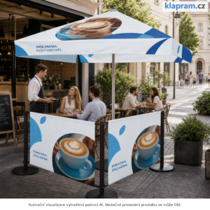 Reklamní slunečník s potiskem 2 × 2 m – Lifestyle – AI vizualizace