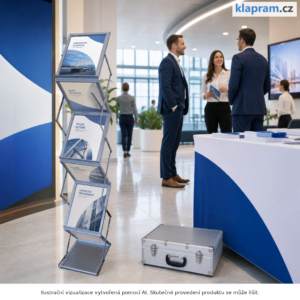 Stojan na letáky Z-SHAPE s hliníkovým přepravním boxem – Lifestyle – AI vizualizace