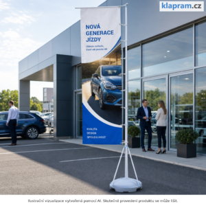 Teleskopická vlajka s potiskem 4 m a 5 m – Lifestyle – AI vizualizace