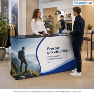 Velký prodejní pult Tube 195 cm s potiskem – Lifestyle – AI vizualizace