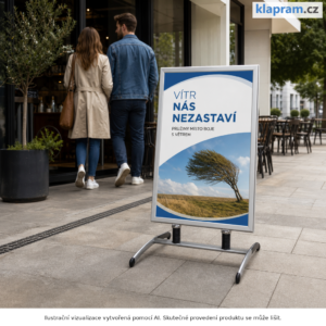 Venkovní stojan A (áčko) SPRING – odpružený, profil 32 mm – Lifestyle – AI vizualizace