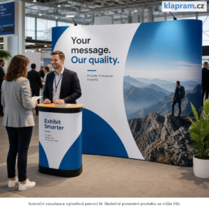 Výstavní stánek Magnetic – pop up stěna s pultem a osvětlením – Lifestyle – AI vizualizace