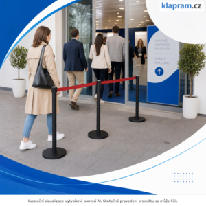 Zahrazovací sloupek s páskou 2,1 m – červená páska nebo zesílený podstavec – Lifestyle – AI vizualizace