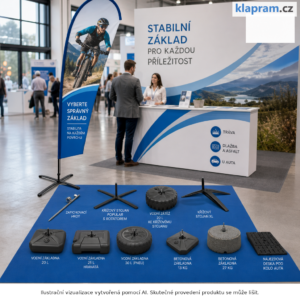 Základna pro reklamní vlajku – kříž, hrot, vodní a betonová – Lifestyle – AI vizualizace